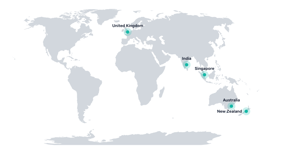 Map of Elvi office locations across New Zealand, Australia, United Kingdom, Singapore and India